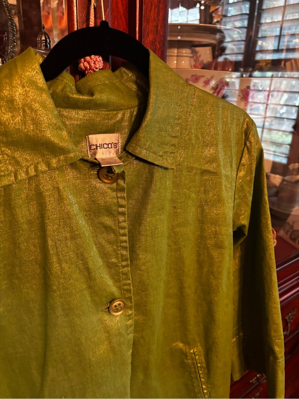 Chico's Shimmery Lime Green Button-Front Jacket